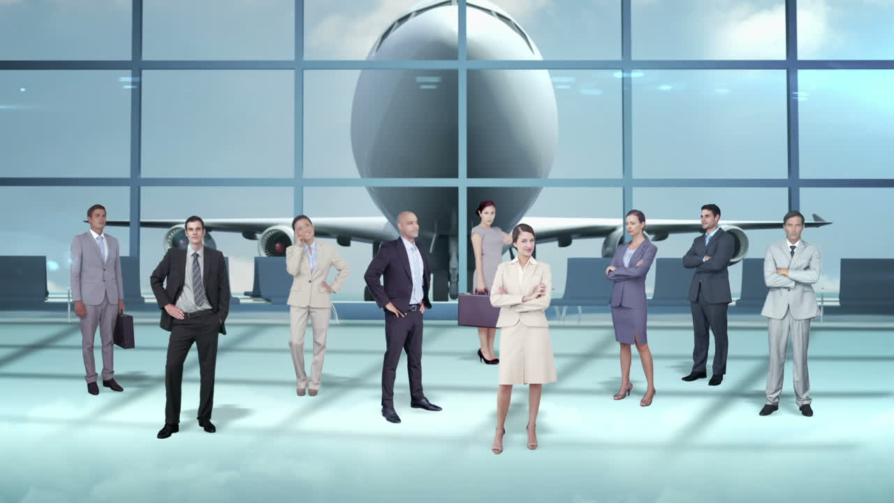 equipo de negocios de pie en la terminal del aeropuerto