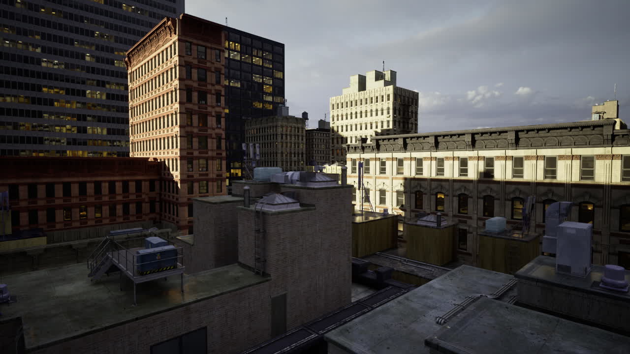 Urban landscape showcasing buildings in the twilight of a bustling city