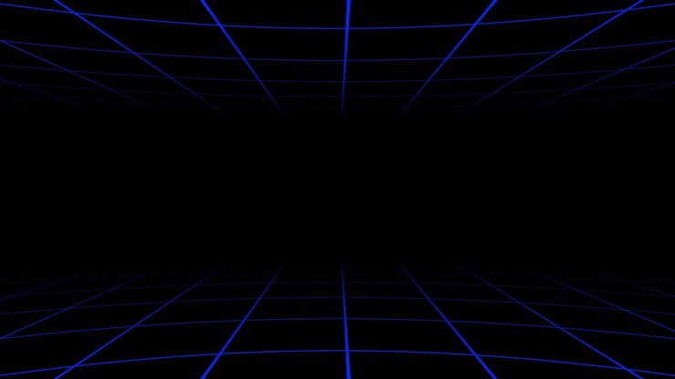 Retro-futuristiske blå gitterlinjer bevæger sig i digitalt rum