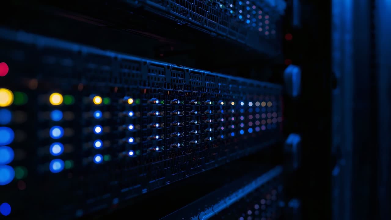 Showing rack-mounted servers blinking blue green yellow status LEDs in data center room