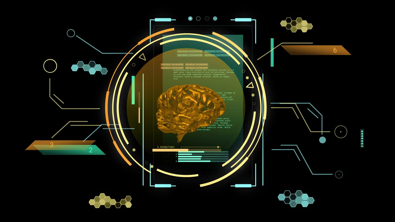 Golden 3D brain rotating on scan start, reorienting and exposing folds, HUD pulsing for diagnostics