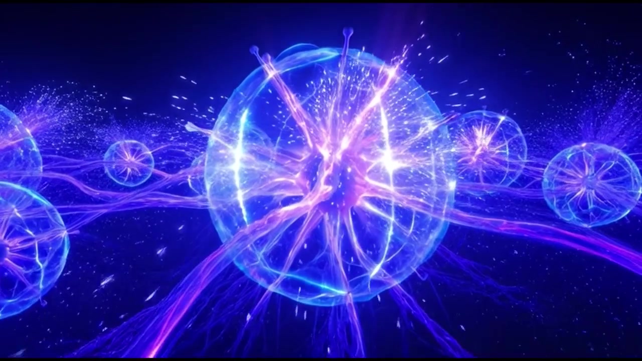 Animazione astratta di sfere di plasma luminose collegate da raggi di energia