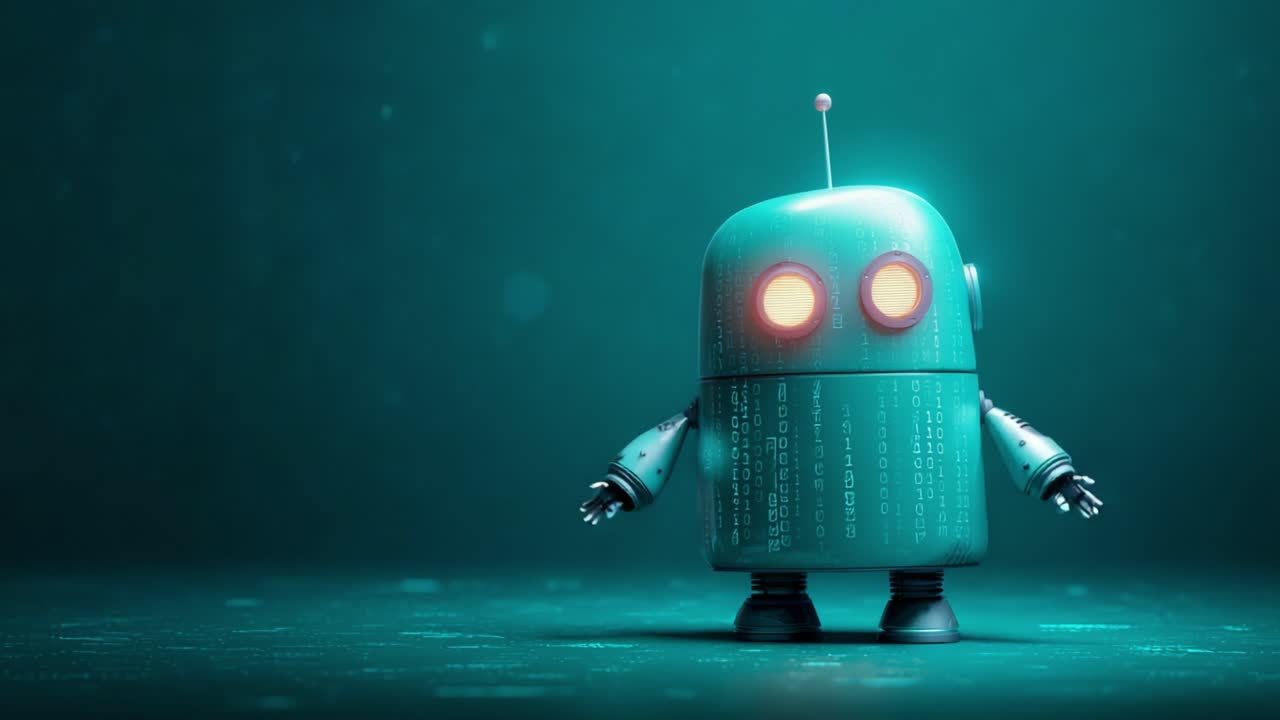 Small vintage style robot with glowing eyes opening its arms in a welcoming gesture. A futuristic digital environment with binary code reflecting on its metallic surface and floating bokeh particles