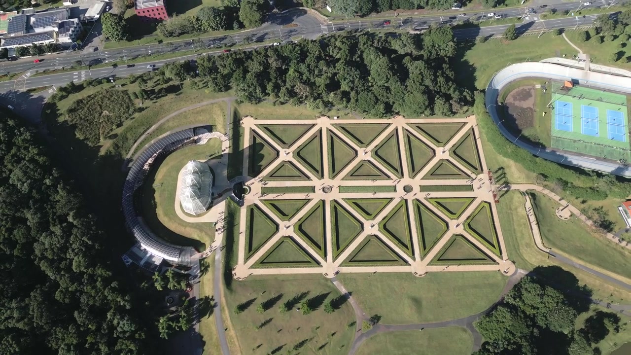 Veduta aerea della serra presso l'Orto Botanico di Curitiba, Paraná, Brasile