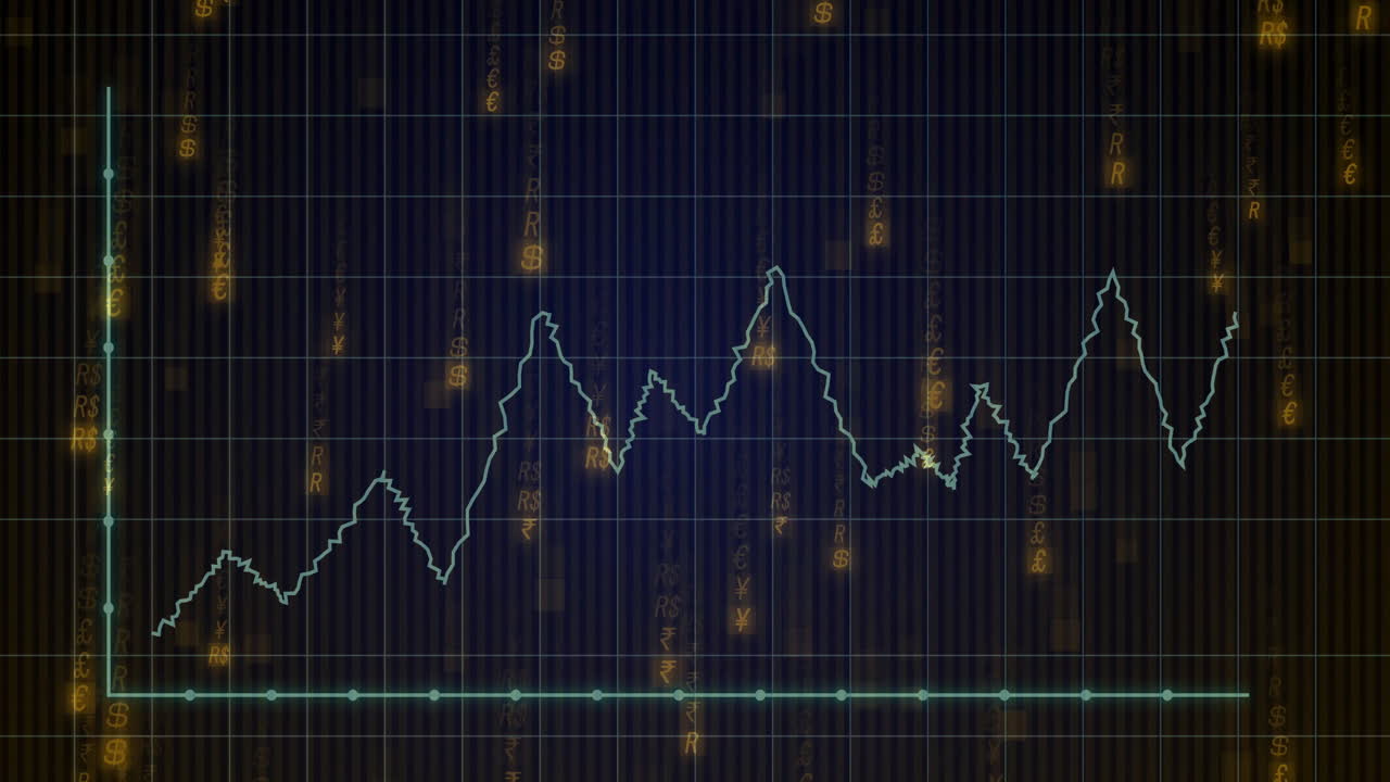 Teal data line jumping across navy grid, displaying floating currency icons in flat design