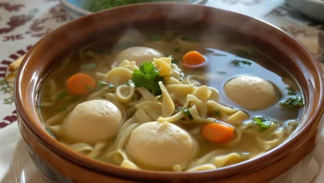 Steaming chicken soup with golden matzah balls, tender noodles, vibrant carrots, and fragrant parsley in warm ceramic bowl