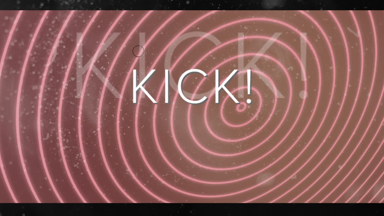 Animazione del testo "kick" in bianco con cerchi, su sfondo di cerchi rosa concentrici in movimento.
