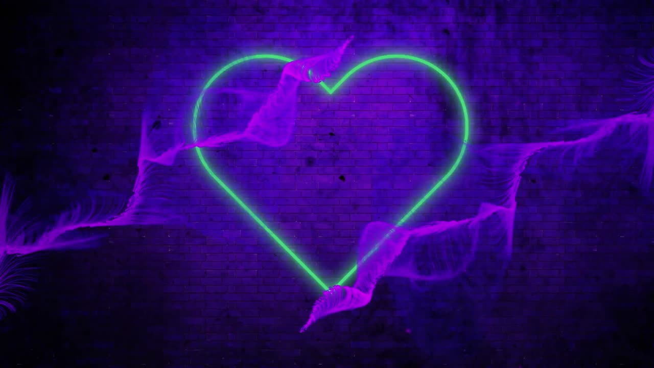 푸른 벽돌 벽 배경에 네온 녹색 심장 아이콘과 보라색 디지털 파동의 애니메이션