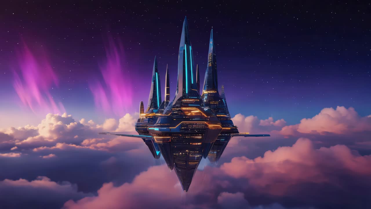 Futuristic Floating City Under the Aurora