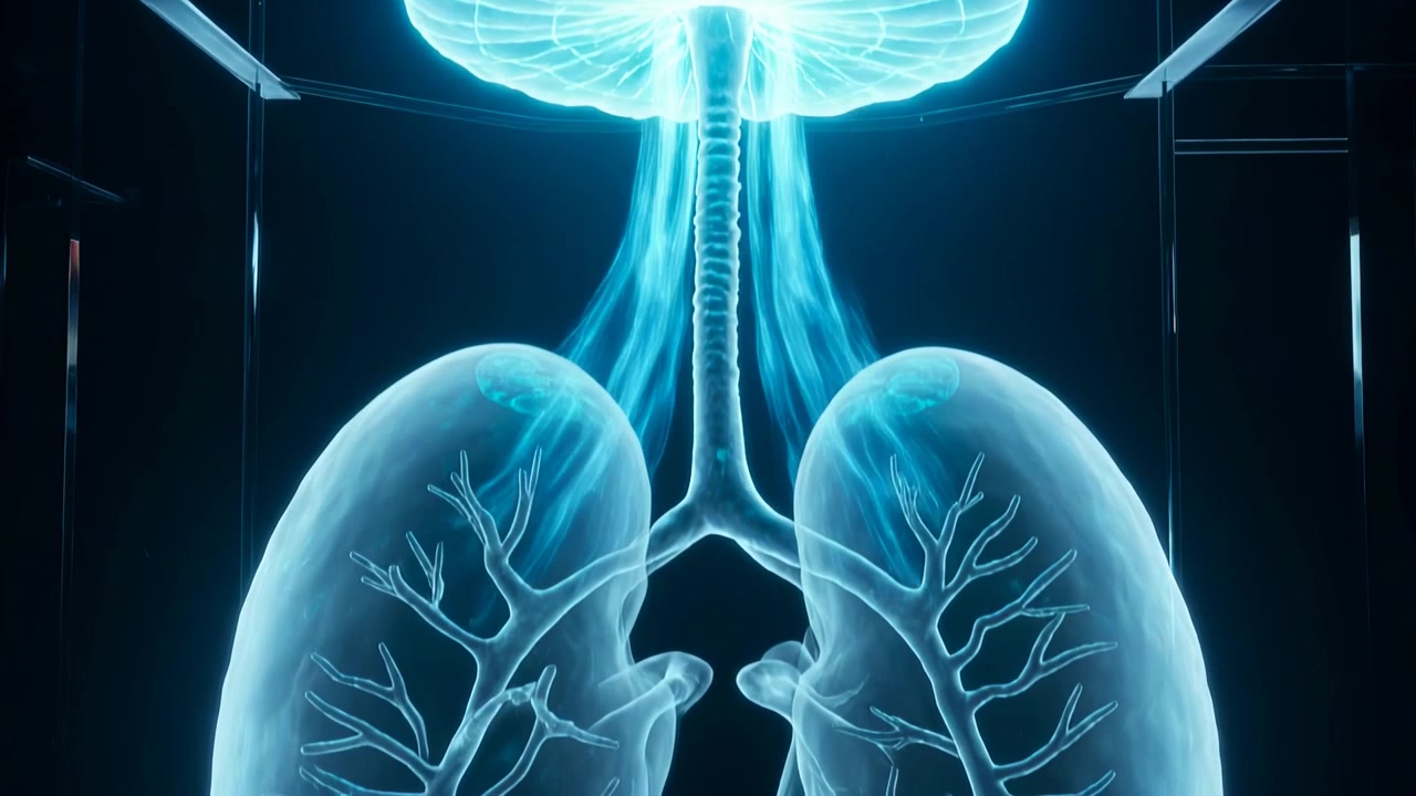 Cupola emittente che invia flussi luminescenti lungo la trachea verso i polmoni in un display che mostra il flusso d'aria