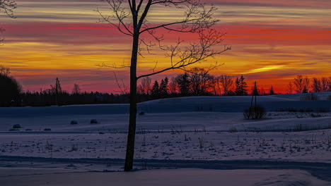 Filmischer-Zeitraffer-Des-Wunderschönen-Orangefarbenen,-Gelben-Und-Roten-Sonnenuntergangshimmels-In-Der-Winterlandschaft-Mit-Silhouettenbäumen-Im-Vordergrund