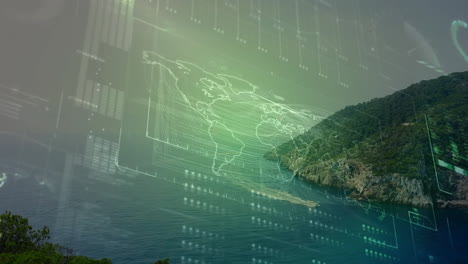 World map and data processing animation over coastal landscape with ocean