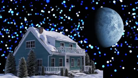 Animación-Del-Paisaje-Navideño-Invernal-Con-Casa,-Manchas-Azules-Y-Luna