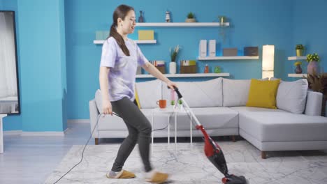 asian young woman cleaning is dancing.