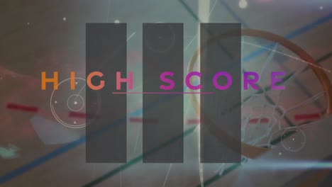 animation of high score text, network of connections spinning over male basketball player