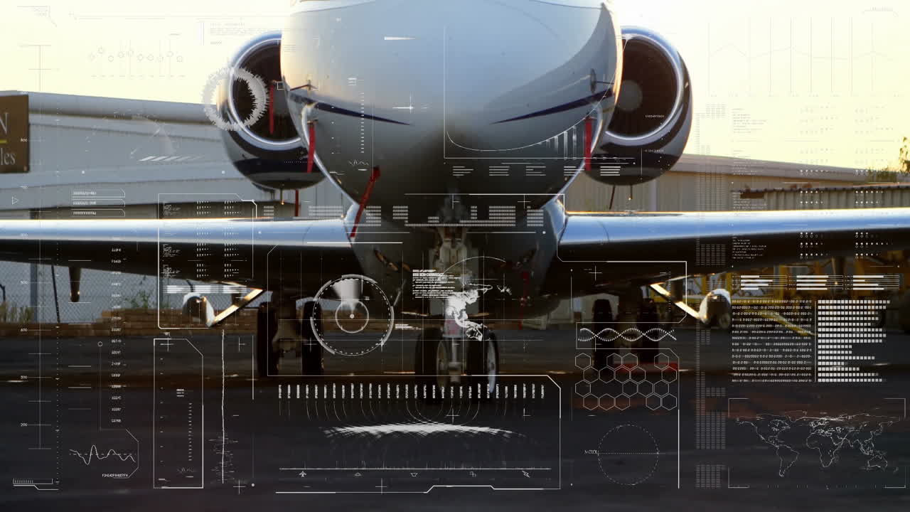 Digital animation overlay showing data on aircraft parked on tarmac