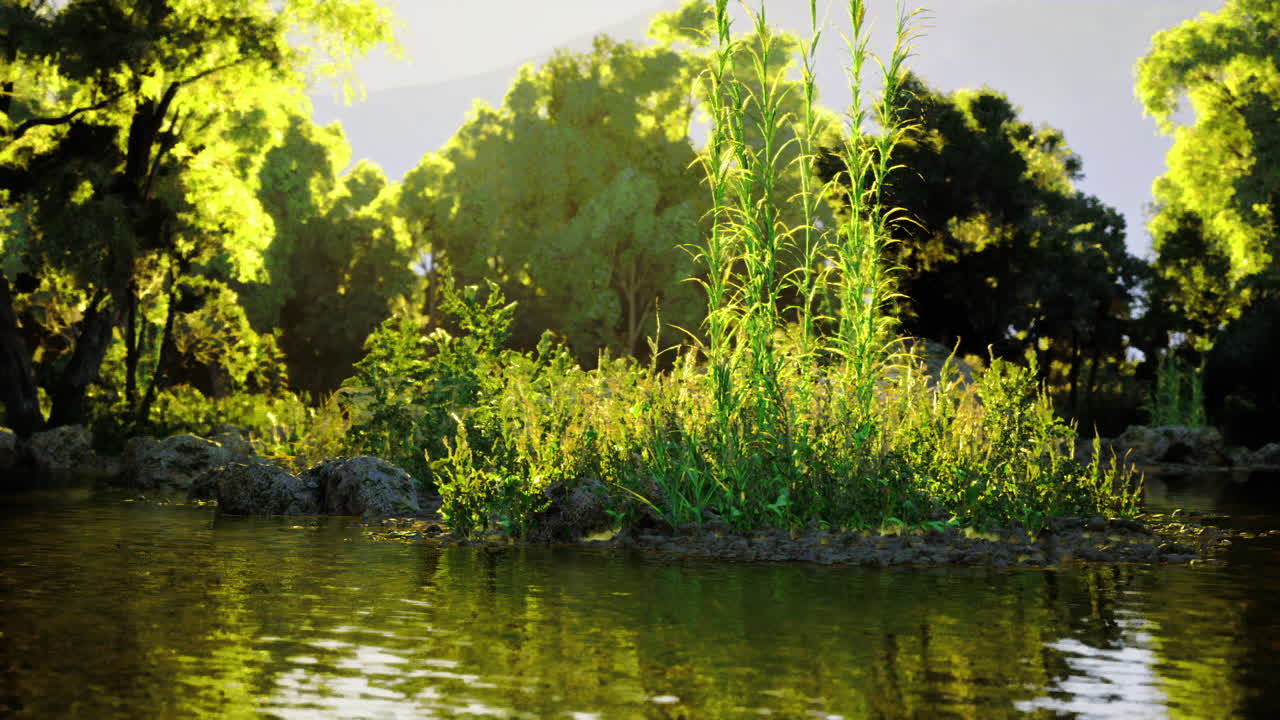 Bright marsh island teems with blooms and pollinators in sunlight