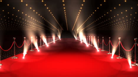 animation of burning document over red carpet venue with moving spotlights