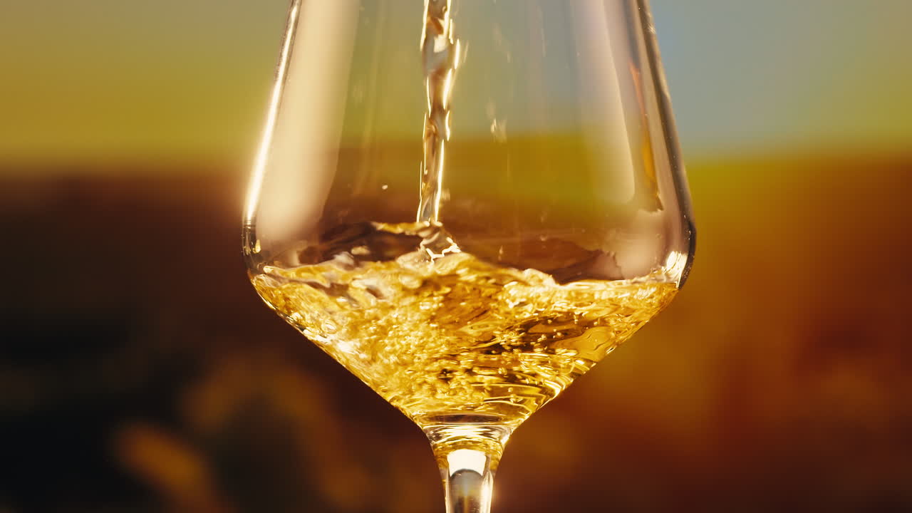 Uno scatto dettagliato di vino bianco versato in un bicchiere con uno sfondo al tramonto, che cattura l'eleganza.