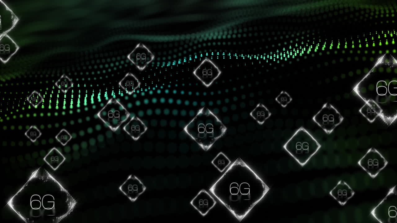 animación de texto de 6g sobre onda digital con puntos brillantes y patrón de cuadrícula
