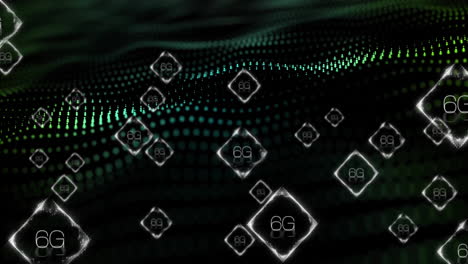 animazione di testo 6g su onde digitali con punti luminosi e disegno a griglia