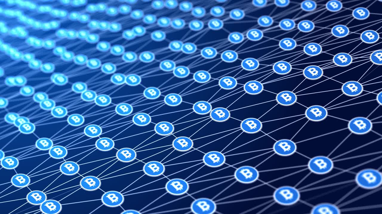 3D 4K Bitcoin Blockchain Cryptocurrency Digital Encryption Global Network loop Background,