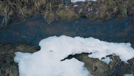 Aerial-pan-of-water-flowing-through-narrow-stream-by-snowy-grass