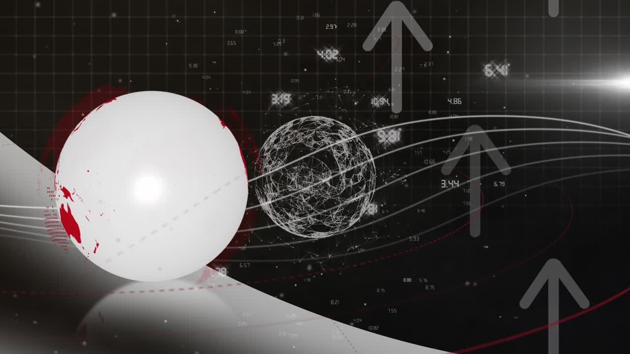 Animation of arrows over rotating globe and data on black background