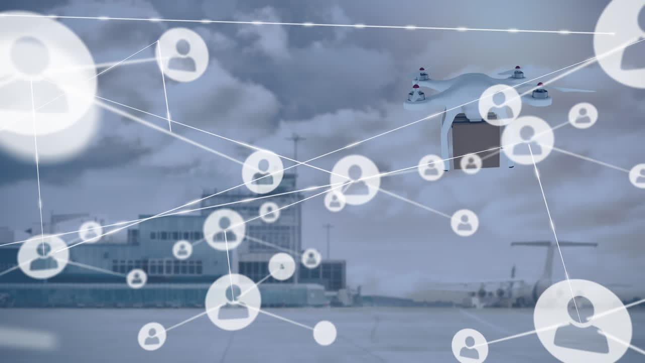 패키지를 운반하는 드론을 통해 아이콘으로 연결된 네트워크의 애니메이션