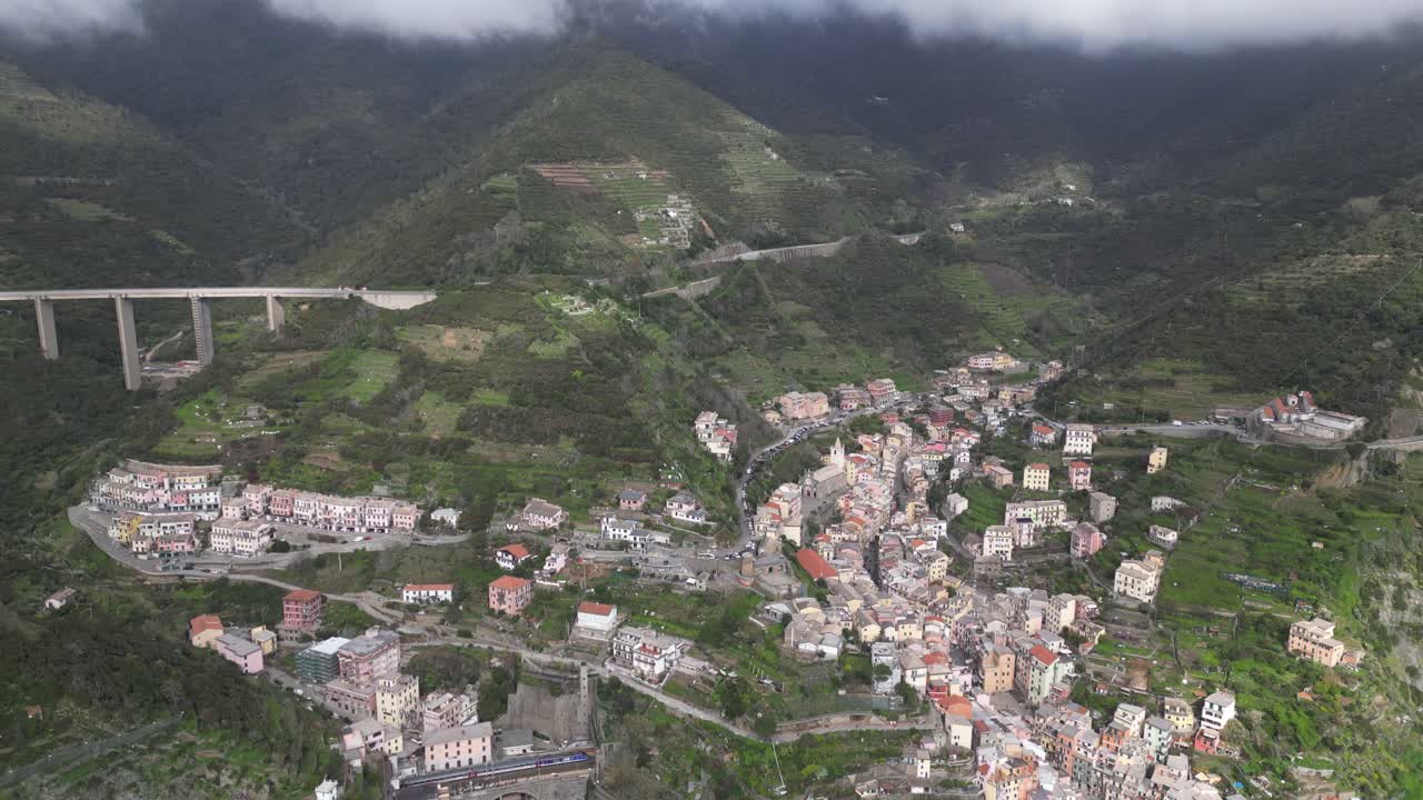 Italy Cinque Terre aerial of village on scenic mountainside