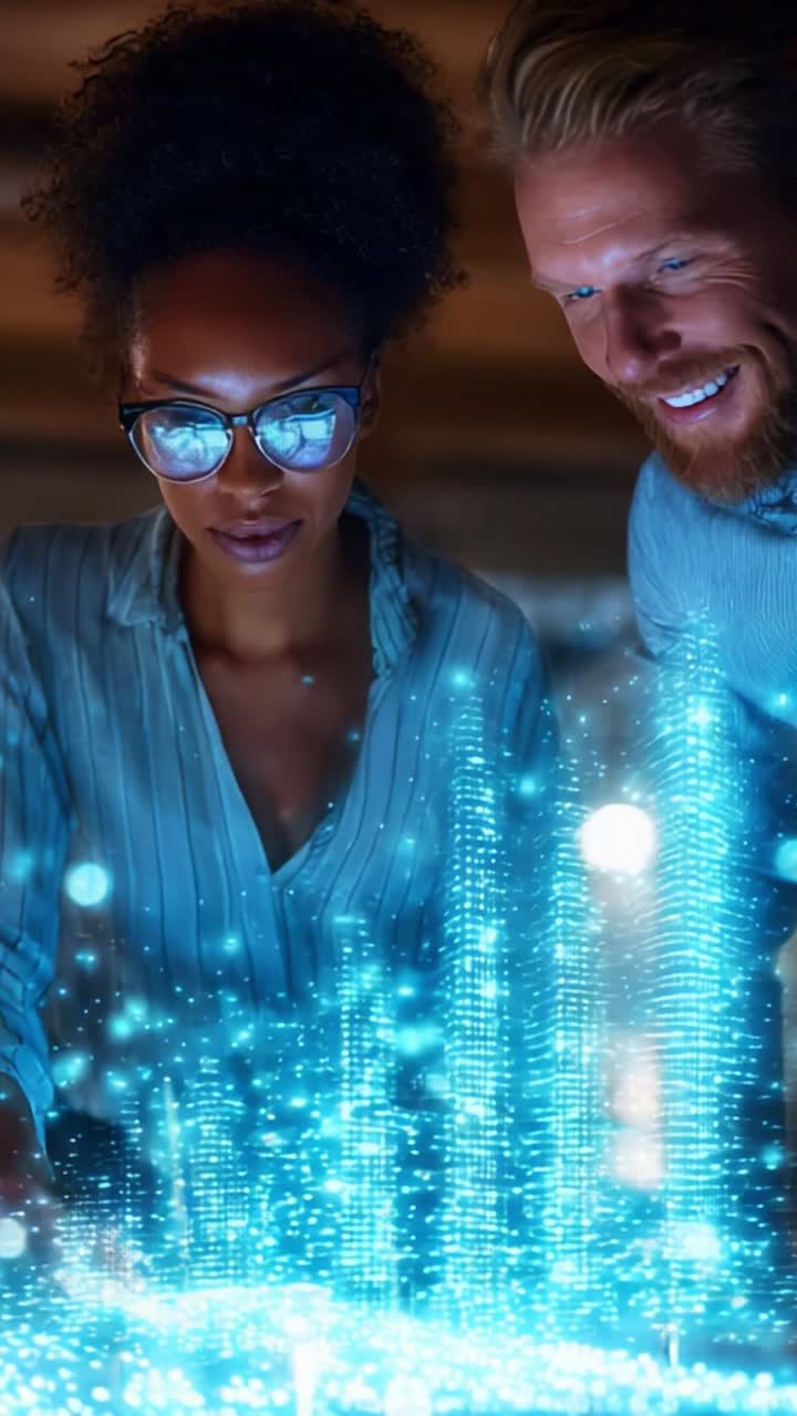 Engaged Team Analyzing Data Visualizations Together with Vibrant Blue Graphics and Innovative Technology in a Collaborative Environment