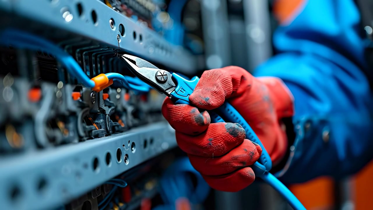 Technician using pliers on wires in server rack enclosure. Close-up of hands in red gloves working with blue pliers on cables inside a telecommunication or electrical panel.