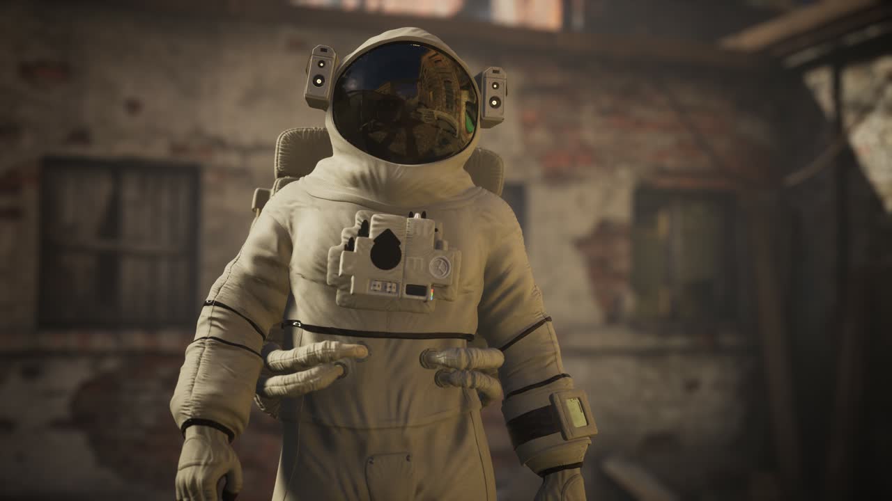 Mistet astronaut nær forladte industribygninger fra gammel fabrik