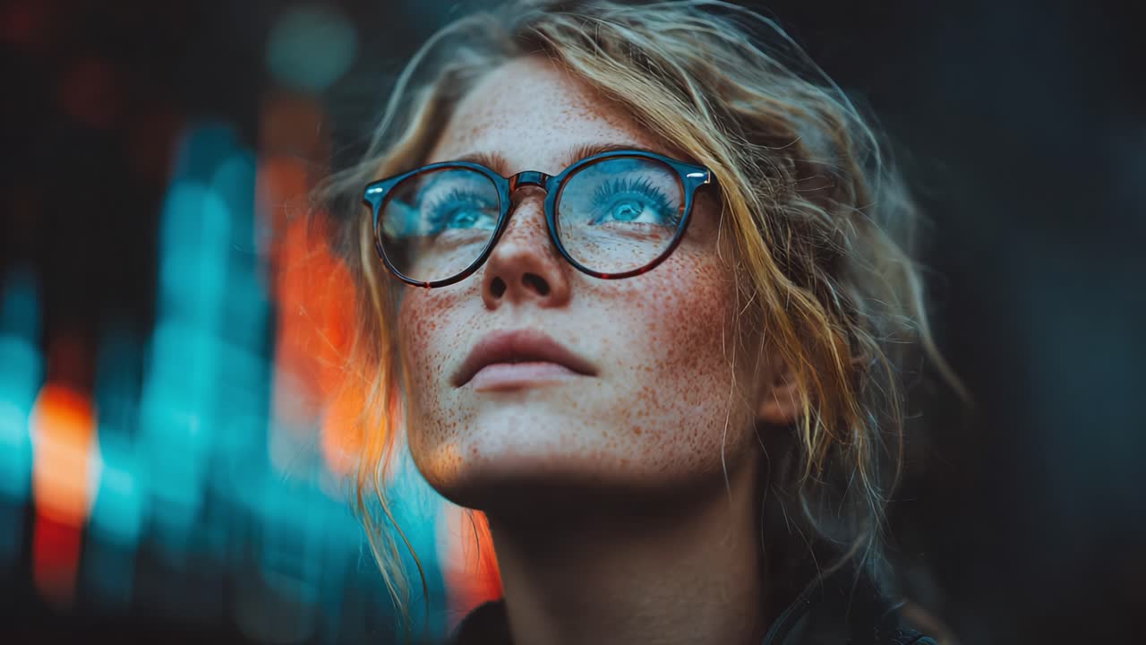 Captivating Glimpse: A Thoughtful Young Woman with Freckles and Glasses Gazing Thoughtfully into the Distance, Surrounded by Colorful Urban Lights and Mysterious Atmosphere