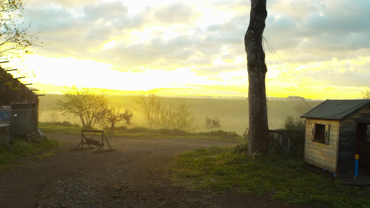 View of a dog bed in the countryside at sunrise in the Rome countryside