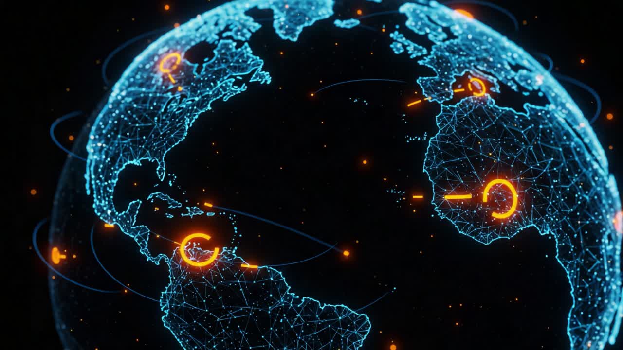 A Futuristic Representation of Global Connectivity with Digital Network Lines, Highlighting Municipal Interactions and Data Flow Across Continents