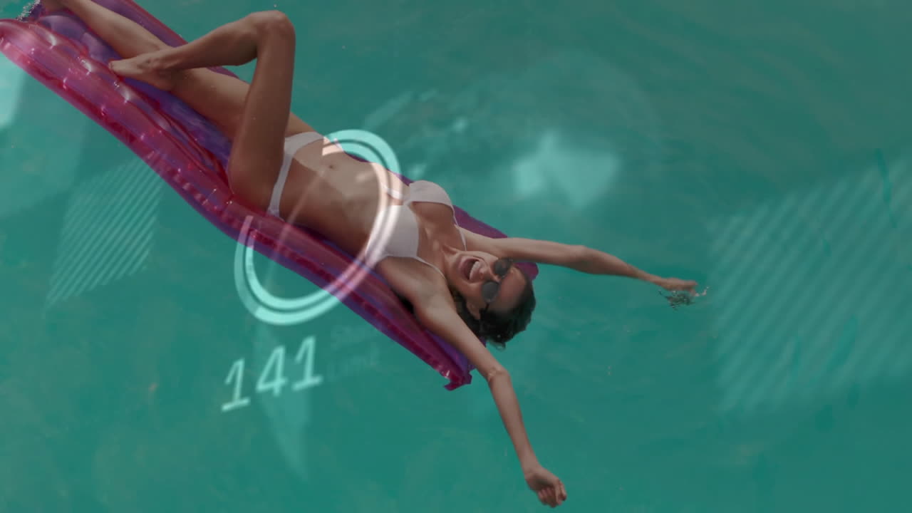 Relaxing on pink float, woman wearing sunglasses in swimming pool with animation