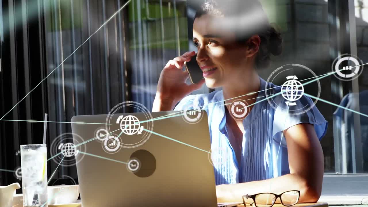 Animation of network of connections over happy caucasian woman using smartphone and laptop
