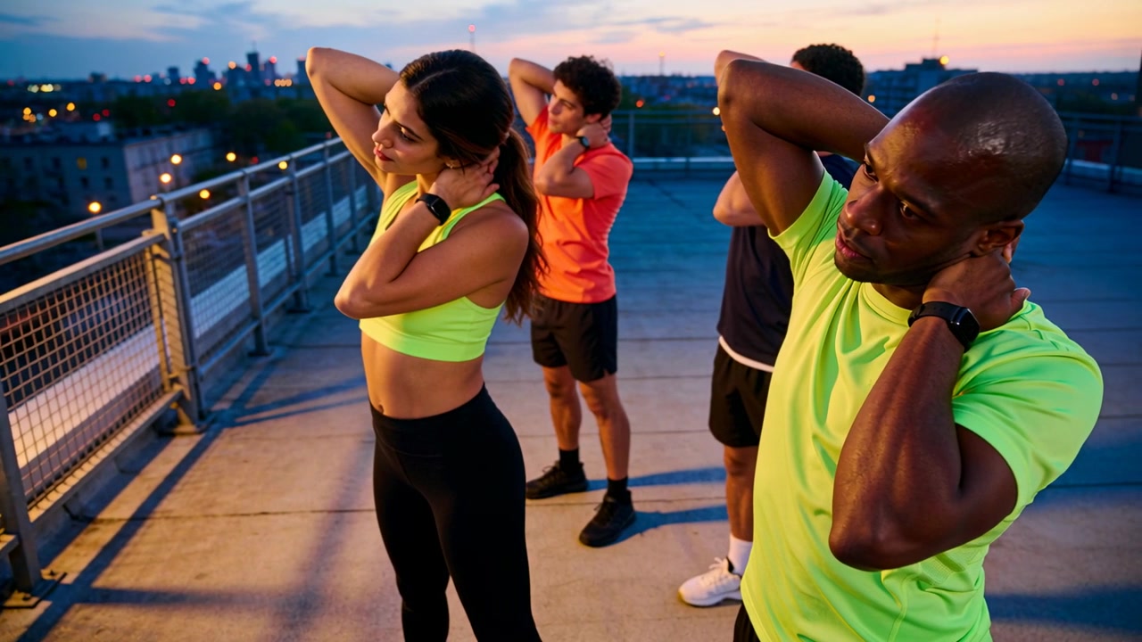 Leading front leaders warming up with neck stretches on rooftop sunset wearing neon tops, trackers