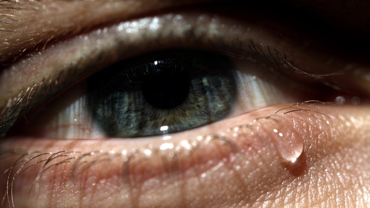 Recording macro eye showing tear bead growing, sliding along lower eyelid as soft light hits bead