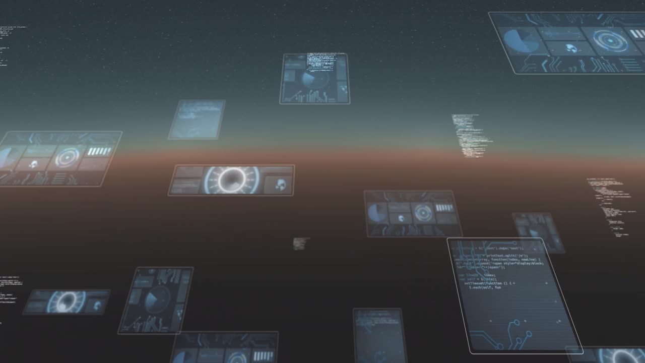 анимация обработки данных и сканирование областей на экранах над градиентным фоном