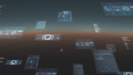Animation of data processing and scopes scanning on screens over gradient background