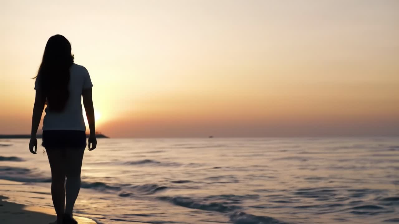 A person walks along a sandy beach as the sun sets on the horizon. Waves gently lap at the shore while the sky transforms with warm colors. A moment of relaxation and reflection by the sea.