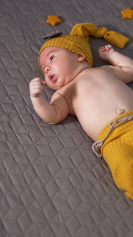 adorable kid wearing yellow hat and pants lying on the bed. little boy tossing his little hands and feet. baby on the grey background view from above. vertical video