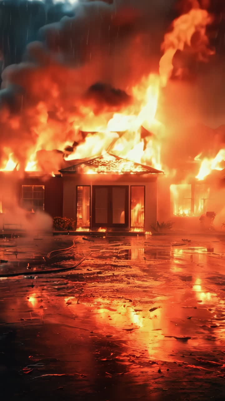 A house is on fire and the firemen are trying to put it out. The house is surrounded by water and the fire is very big