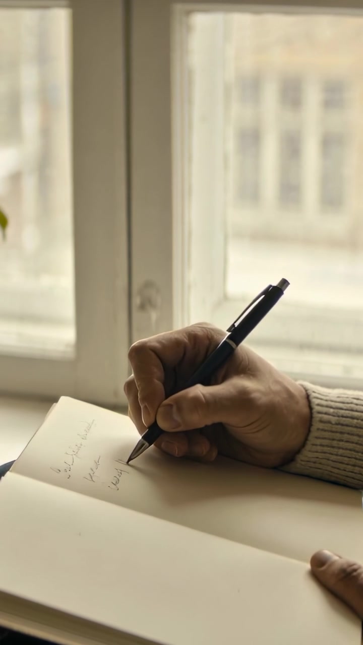 Vertical video: Pen touching paper, hand making marks in notebook at window sketching ribbed cuff