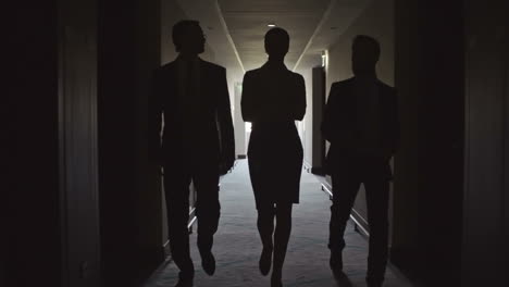 Two-Businessmen-And-A-Businesswoman-In-Elegant-Clothes-Walking-Down-A-Corridor-1