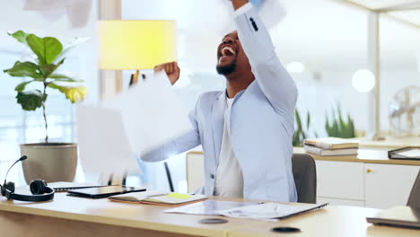 Businessman,-celebration-and-throwing-paperwork