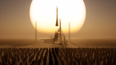 a-missile-launch-pad-in-a-desert,-arid-environment,-with-a-crowd-standing-idle-on-sunset,-3D-animation,-3D-scene,-dystopian-theme,-camera-zoom-out