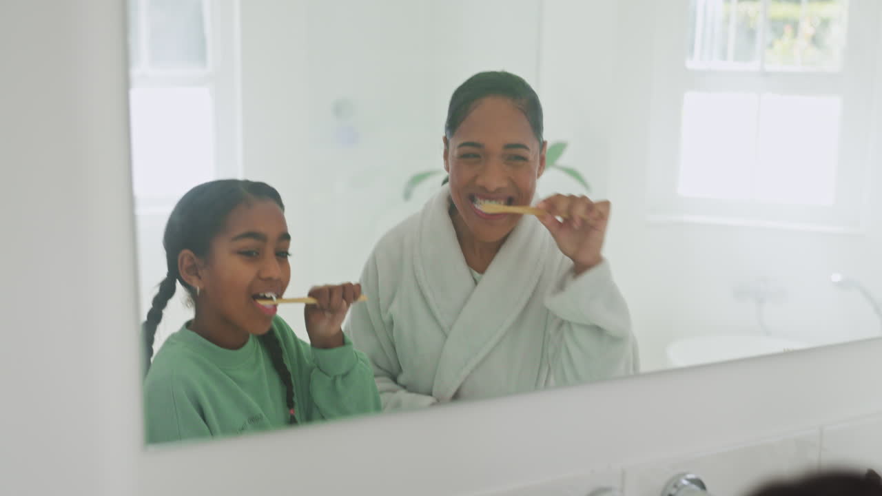 Mother, learning or kid in bathroom brushing teeth